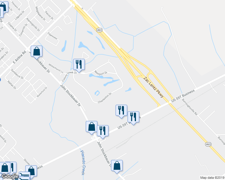 map of restaurants, bars, coffee shops, grocery stores, and more near 504 Charleston Drive in Victoria