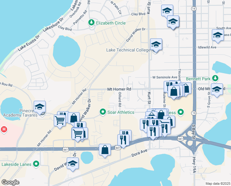 map of restaurants, bars, coffee shops, grocery stores, and more near 910 Mount Homer Road in Eustis