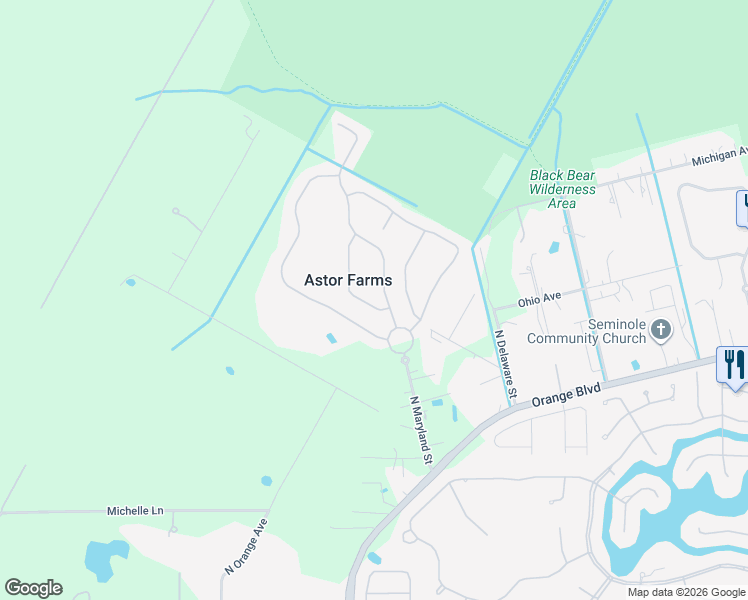 map of restaurants, bars, coffee shops, grocery stores, and more near 1652 Astor Farms Place in Sanford