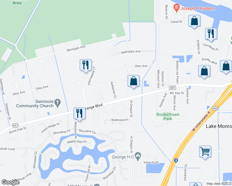 map of restaurants, bars, coffee shops, grocery stores, and more near 1425 Ashdown Court in Sanford