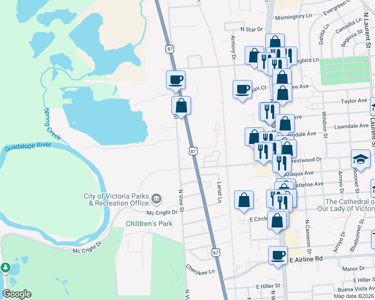 map of restaurants, bars, coffee shops, grocery stores, and more near 3613 North Main Street in Victoria
