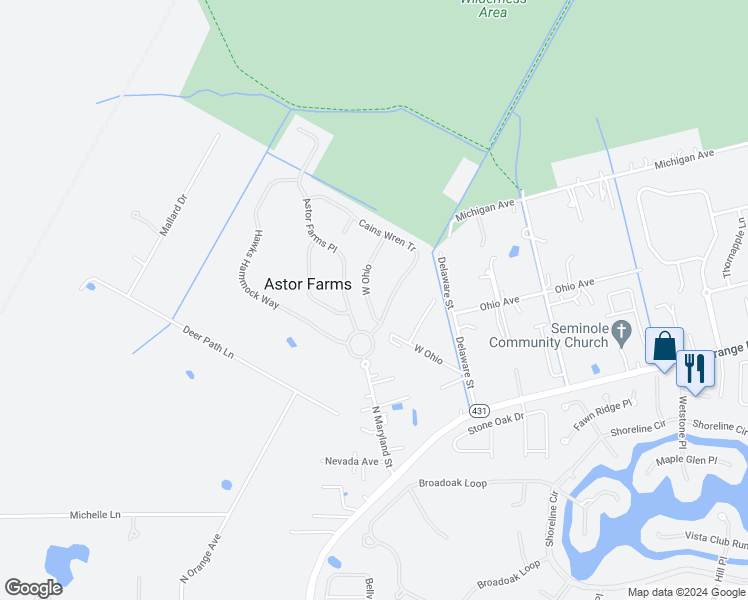 map of restaurants, bars, coffee shops, grocery stores, and more near 1663 Swallowtail Lane in Sanford