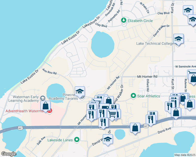 map of restaurants, bars, coffee shops, grocery stores, and more near Huffstetler Dr in Tavares