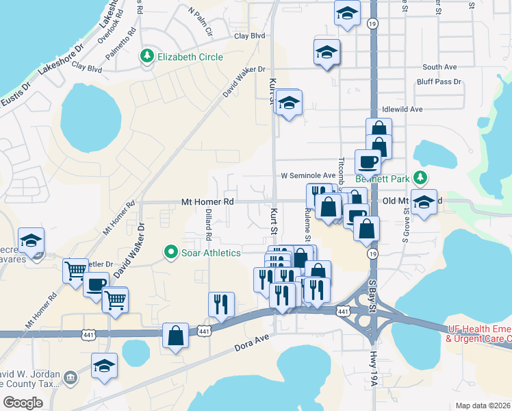 map of restaurants, bars, coffee shops, grocery stores, and more near 630 Mount Homer Road in Eustis