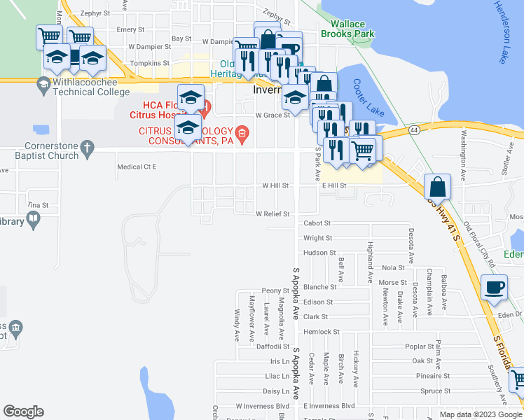 map of restaurants, bars, coffee shops, grocery stores, and more near 343 West Relief Street in Inverness