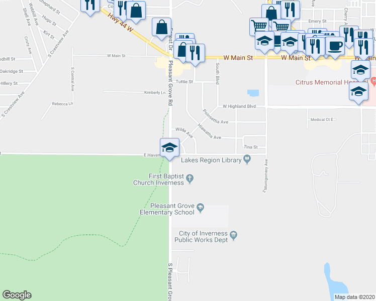 map of restaurants, bars, coffee shops, grocery stores, and more near 1614 Druid Road in Inverness