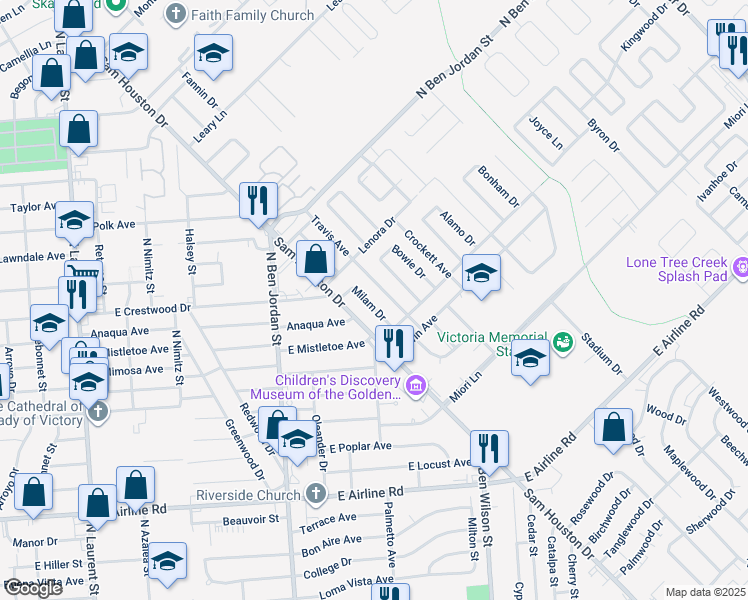 map of restaurants, bars, coffee shops, grocery stores, and more near 1718 Milam Drive in Victoria