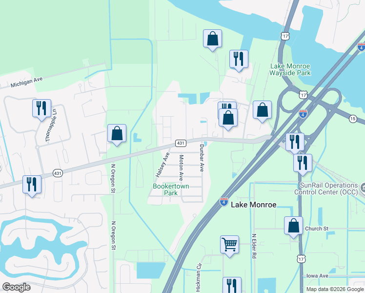 map of restaurants, bars, coffee shops, grocery stores, and more near 4591 Orange Boulevard in Sanford