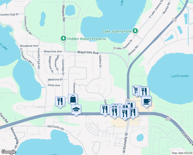 map of restaurants, bars, coffee shops, grocery stores, and more near 2602 Gables Drive in Eustis