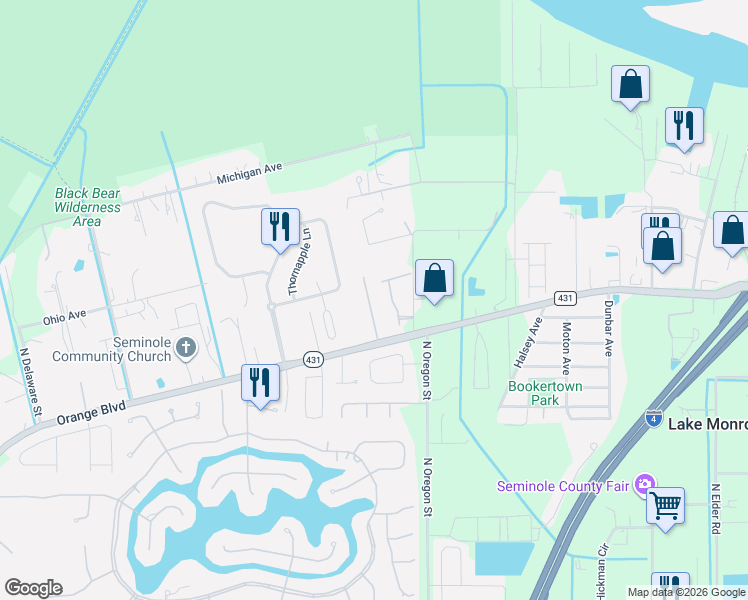 map of restaurants, bars, coffee shops, grocery stores, and more near 1455 Ashdown Court in Sanford