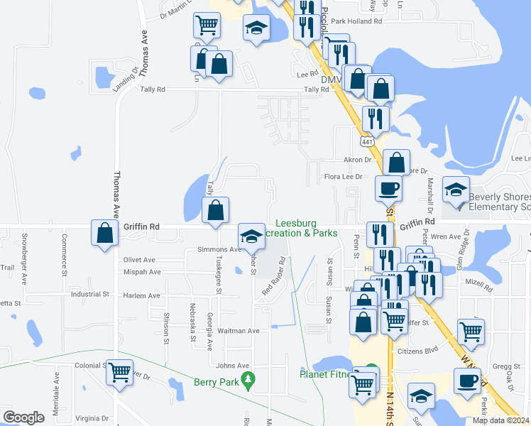 map of restaurants, bars, coffee shops, grocery stores, and more near 2008 Griffin Road in Leesburg