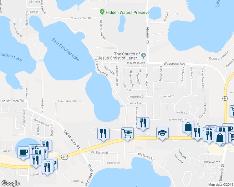 map of restaurants, bars, coffee shops, grocery stores, and more near 32804 Country Club Road in Eustis