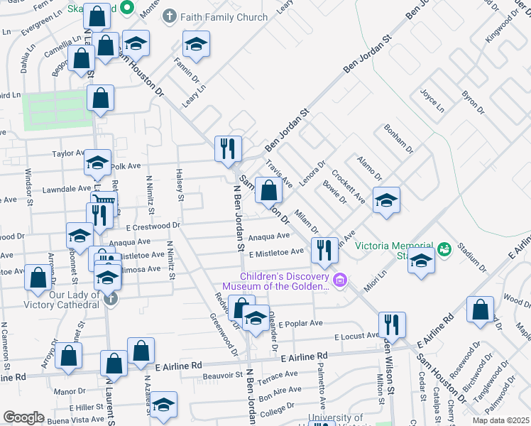 map of restaurants, bars, coffee shops, grocery stores, and more near 1801 Sam Houston Drive in Victoria