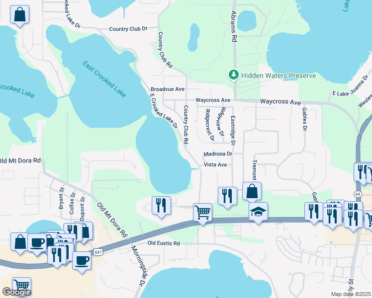 map of restaurants, bars, coffee shops, grocery stores, and more near 19598 Country Club Road in Eustis