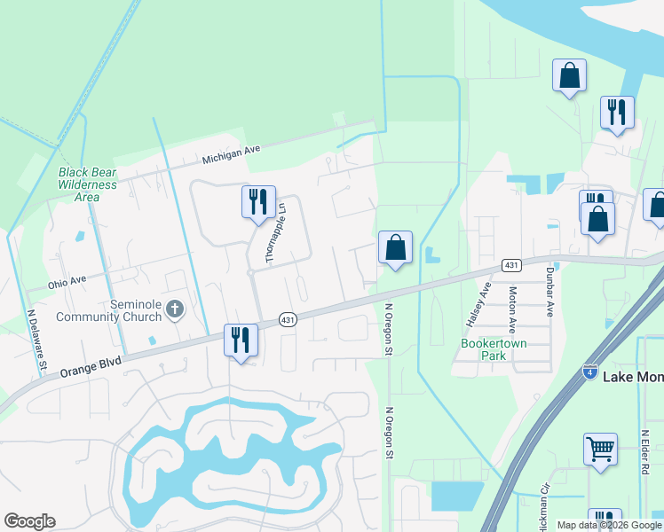 map of restaurants, bars, coffee shops, grocery stores, and more near 1485 Ashdown Court in Sanford
