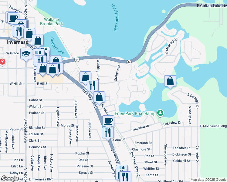 map of restaurants, bars, coffee shops, grocery stores, and more near 918 Leroy Bellamy Road in Inverness