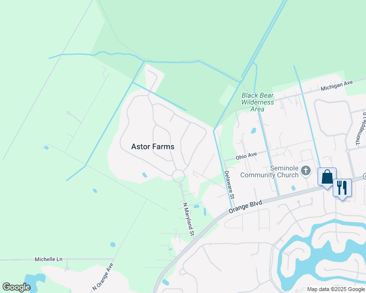 map of restaurants, bars, coffee shops, grocery stores, and more near 1675 Swallowtail Lane in Sanford