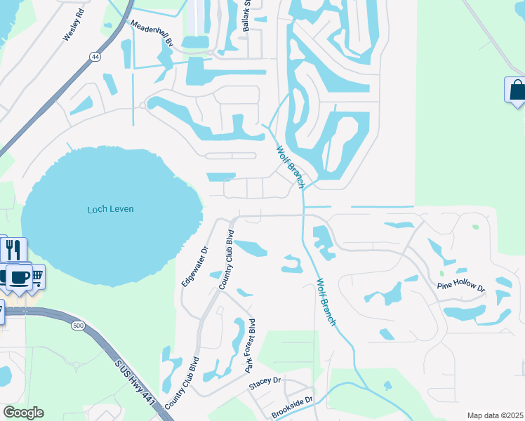 map of restaurants, bars, coffee shops, grocery stores, and more near 1821 Country Club Boulevard in Mount Dora