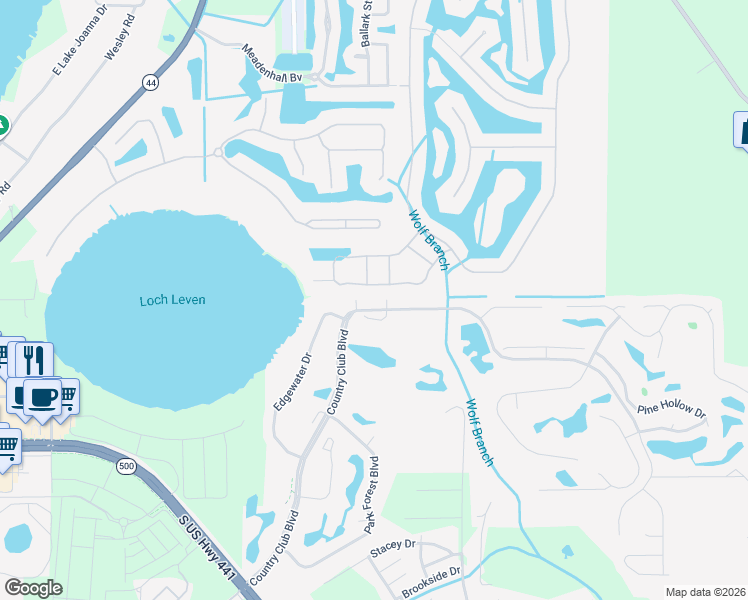 map of restaurants, bars, coffee shops, grocery stores, and more near 1773 Country Club Boulevard in Mount Dora