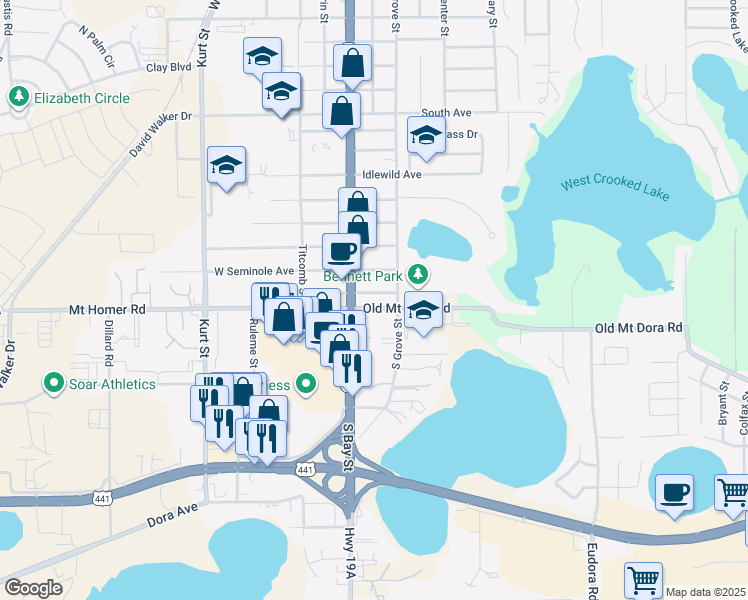 map of restaurants, bars, coffee shops, grocery stores, and more near 104 East Pinecrest Avenue in Eustis