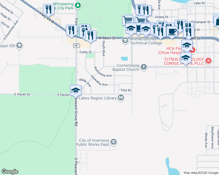 map of restaurants, bars, coffee shops, grocery stores, and more near 422 Hiawatha Avenue in Inverness