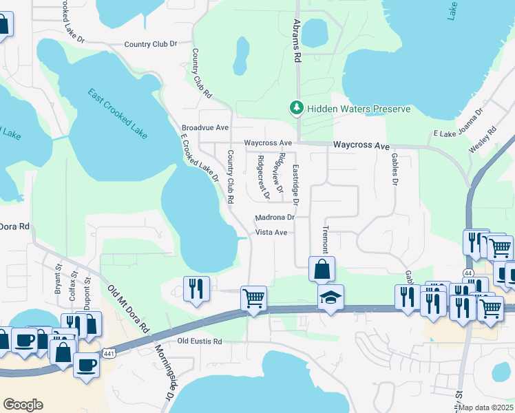 map of restaurants, bars, coffee shops, grocery stores, and more near 99 Hillside Drive in Eustis