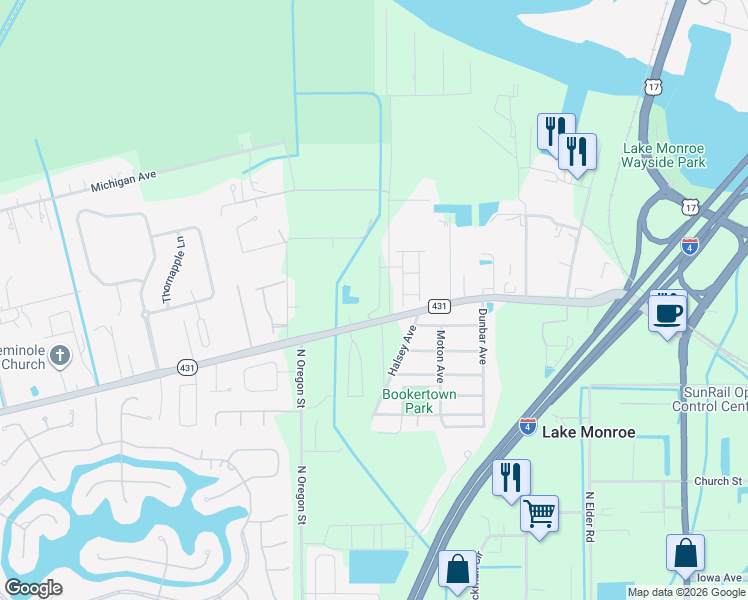 map of restaurants, bars, coffee shops, grocery stores, and more near 1550 Missouri Avenue in Sanford