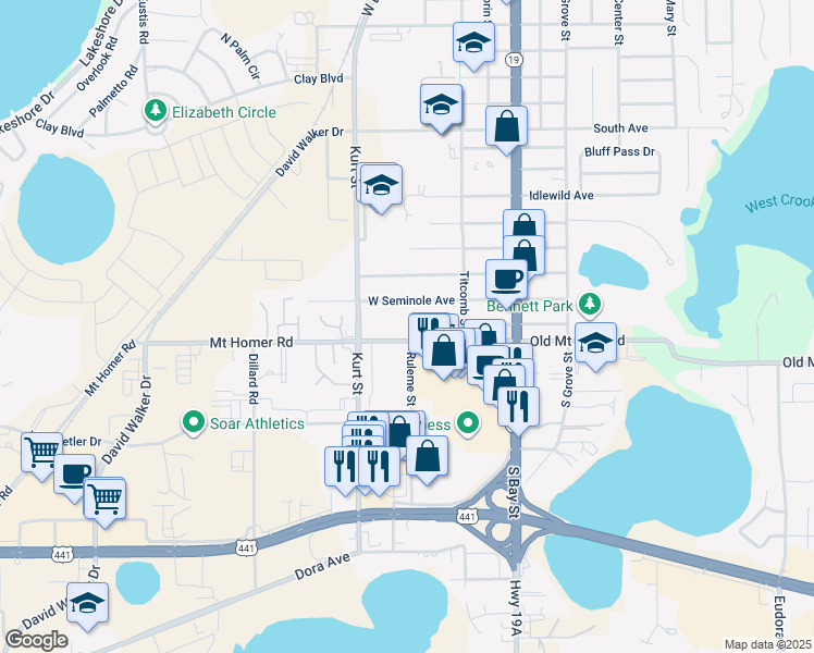 map of restaurants, bars, coffee shops, grocery stores, and more near 437 West Ardice Avenue in Eustis