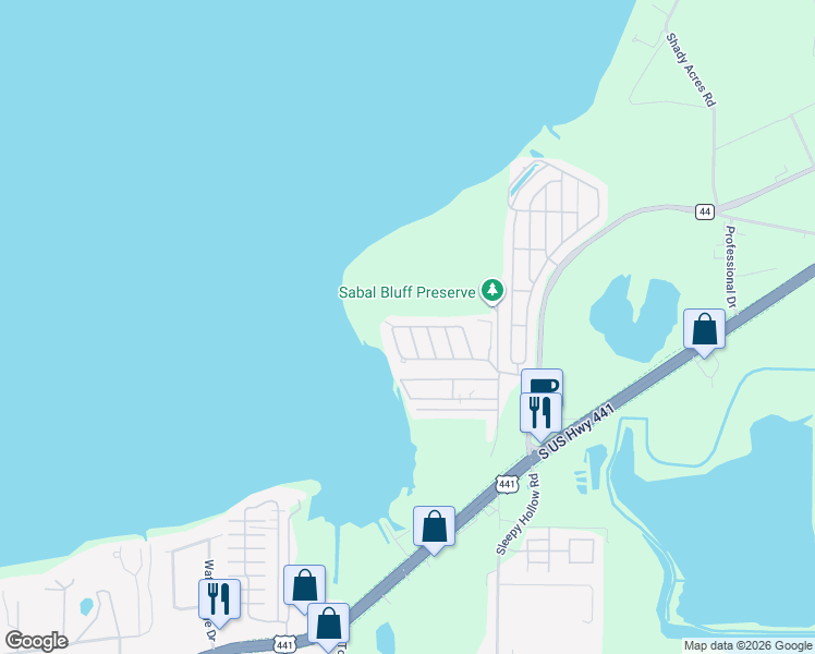map of restaurants, bars, coffee shops, grocery stores, and more near 2398 Lakeside Drive in Leesburg