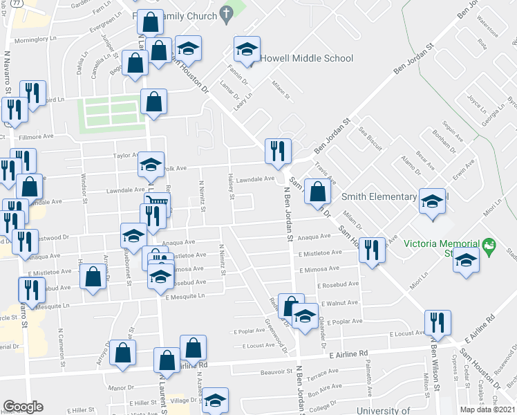 map of restaurants, bars, coffee shops, grocery stores, and more near 4215 North Ben Jordan Street in Victoria
