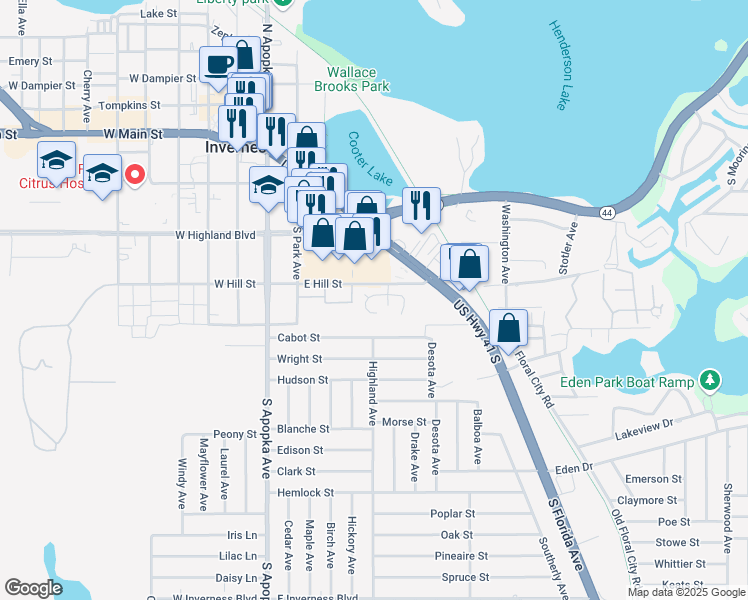 map of restaurants, bars, coffee shops, grocery stores, and more near 406 West Circlewood Street in Inverness