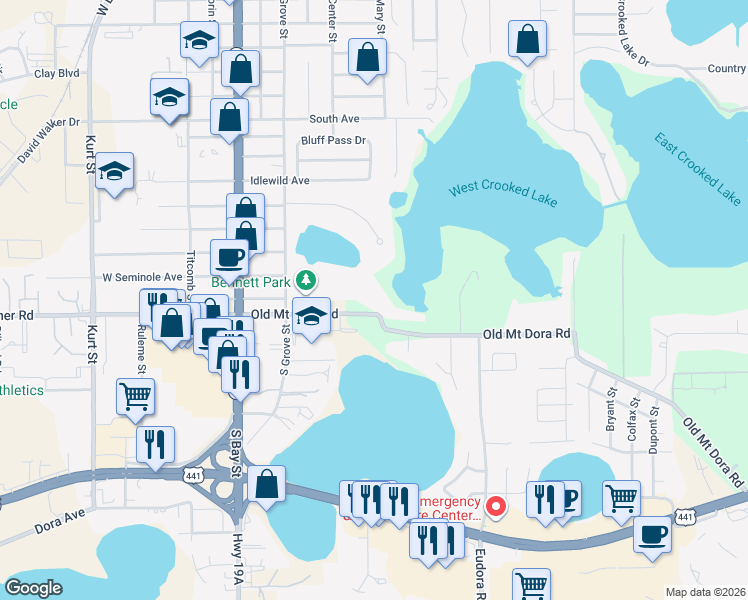 map of restaurants, bars, coffee shops, grocery stores, and more near 605 Old Mount Dora Road in Eustis