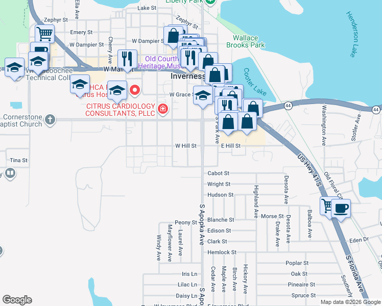 map of restaurants, bars, coffee shops, grocery stores, and more near 401 South Pine Avenue in Inverness