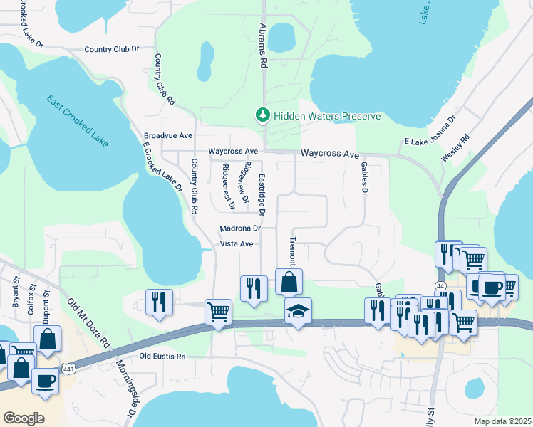map of restaurants, bars, coffee shops, grocery stores, and more near 229 Eastridge Drive in Eustis