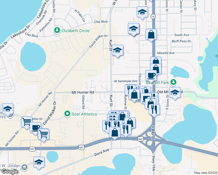 map of restaurants, bars, coffee shops, grocery stores, and more near 611 Mount Homer Road in Eustis