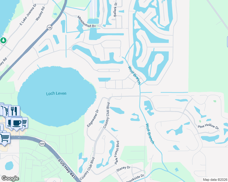 map of restaurants, bars, coffee shops, grocery stores, and more near 1751 Country Club Boulevard in Mount Dora