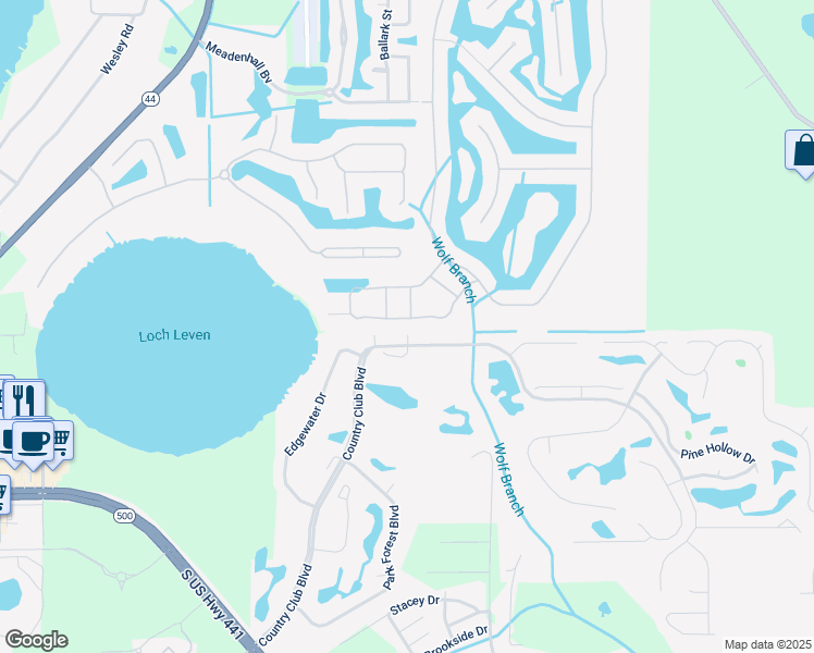 map of restaurants, bars, coffee shops, grocery stores, and more near 1851 Country Club Boulevard in Mount Dora