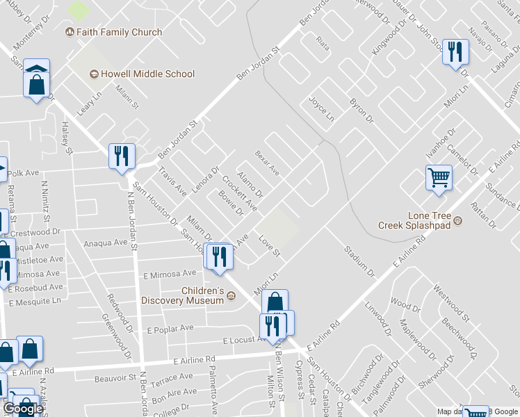 map of restaurants, bars, coffee shops, grocery stores, and more near 3001 East Mistletoe Avenue in Victoria