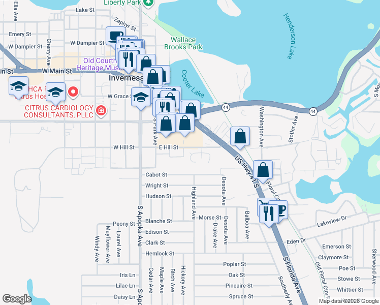 map of restaurants, bars, coffee shops, grocery stores, and more near 409 Sandlewood Point in Inverness
