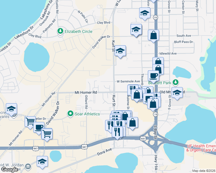 map of restaurants, bars, coffee shops, grocery stores, and more near 611 Mount Homer Road in Eustis
