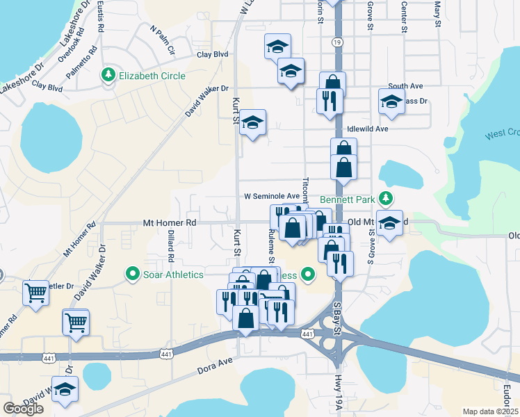 map of restaurants, bars, coffee shops, grocery stores, and more near 437 West Ardice Avenue in Eustis