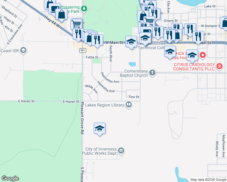 map of restaurants, bars, coffee shops, grocery stores, and more near 422 Hiawatha Avenue in Inverness