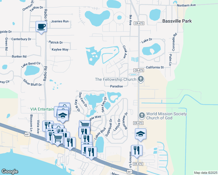 map of restaurants, bars, coffee shops, grocery stores, and more near 206 Paradise in Leesburg
