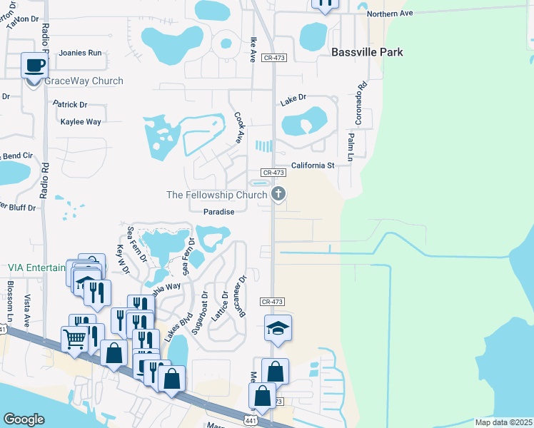 map of restaurants, bars, coffee shops, grocery stores, and more near 33007 County Road 473 in Leesburg