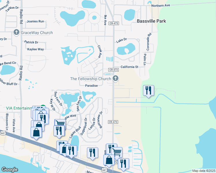 map of restaurants, bars, coffee shops, grocery stores, and more near 33007 County Road 473 in Leesburg