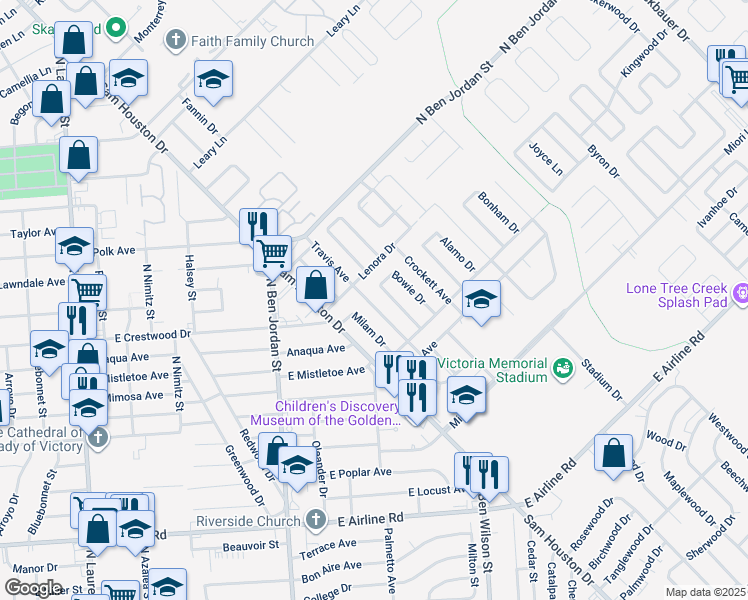 map of restaurants, bars, coffee shops, grocery stores, and more near 1610 Travis Avenue in Victoria