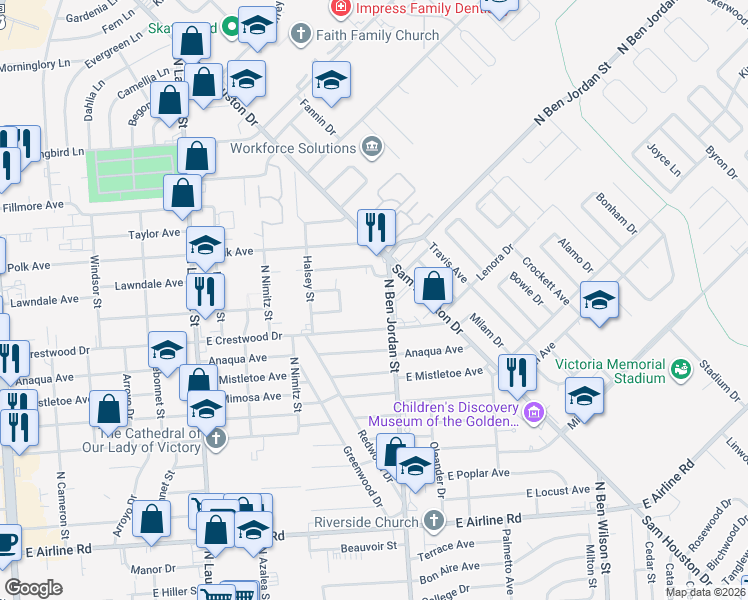 map of restaurants, bars, coffee shops, grocery stores, and more near 4215 North Ben Jordan Street in Victoria