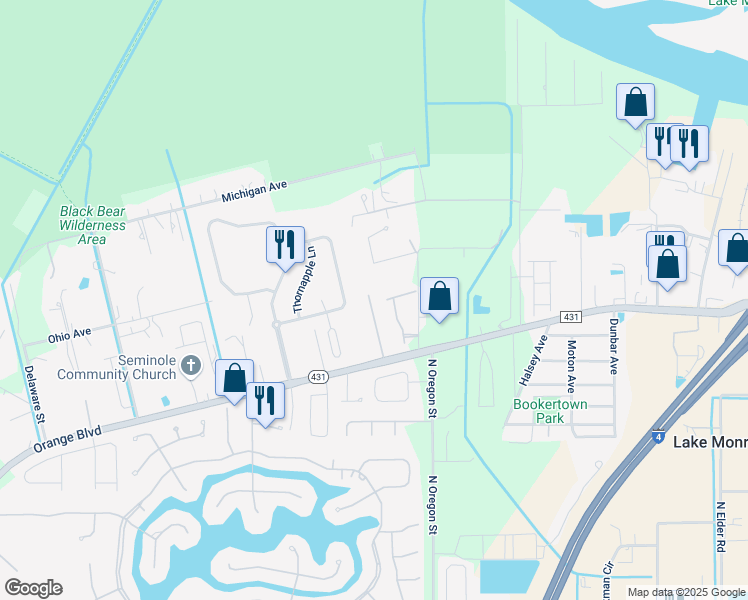 map of restaurants, bars, coffee shops, grocery stores, and more near 1485 Ashdown Court in Sanford