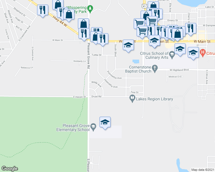 map of restaurants, bars, coffee shops, grocery stores, and more near 409 Hiawatha Avenue in Inverness