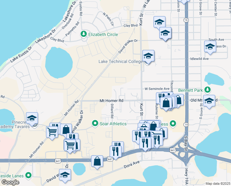 map of restaurants, bars, coffee shops, grocery stores, and more near 801 Mount Homer Road in Eustis